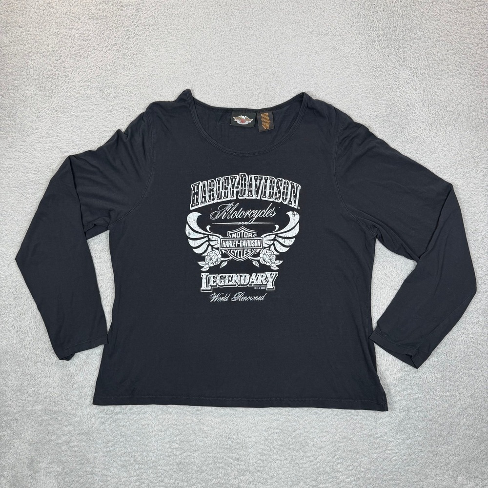 Vintage Harley-Davidson Womens Black Graphic Long Sleeve Tee Biker USA Sz 1W Y2K